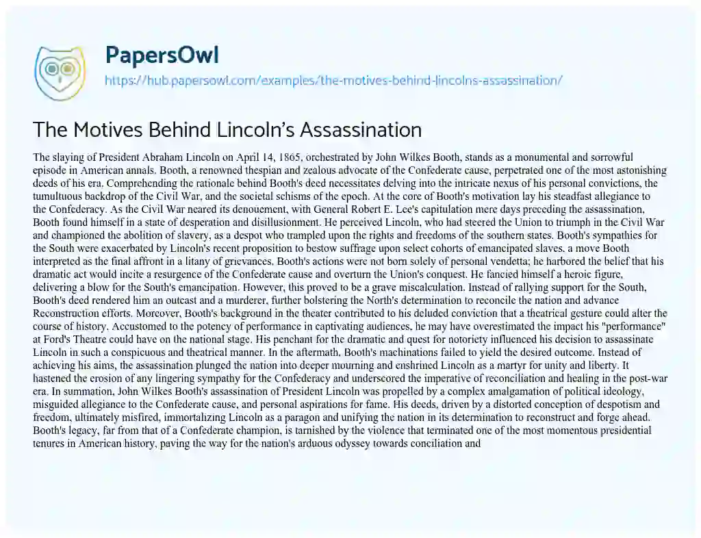 Essay on The Motives Behind Lincoln’s Assassination