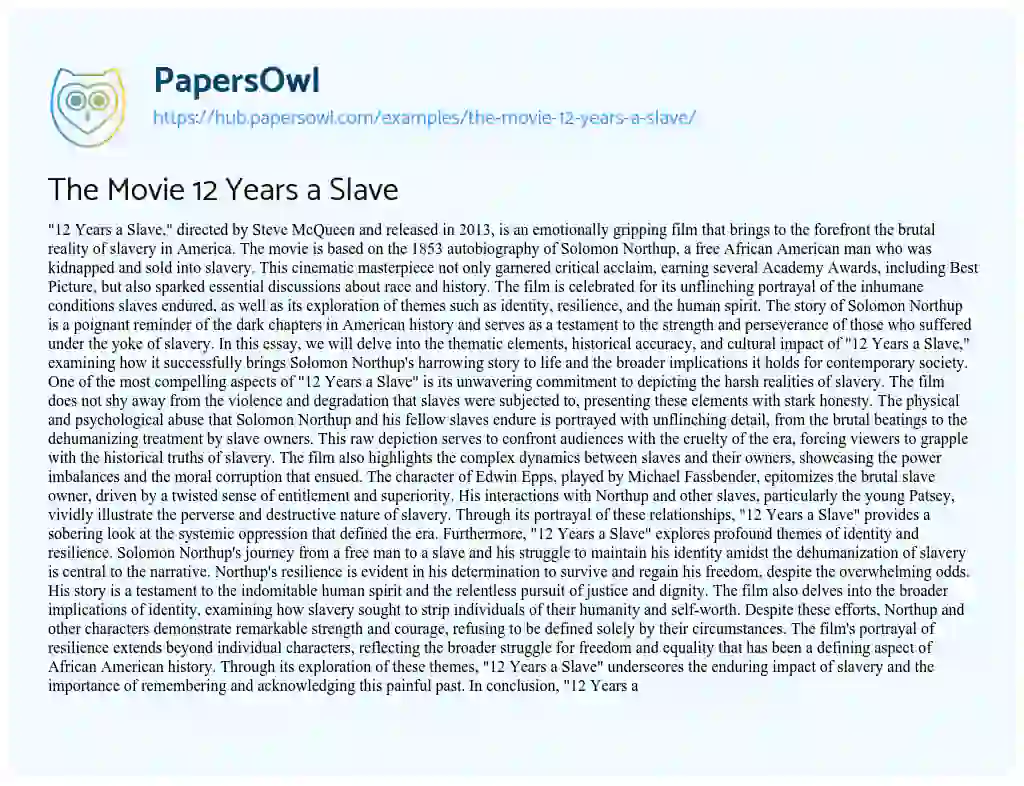 Essay on The Movie 12 Years a Slave