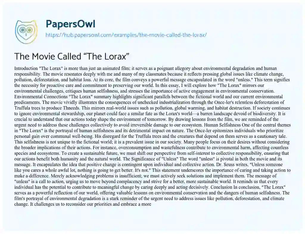Essay on The Movie Called “The Lorax”