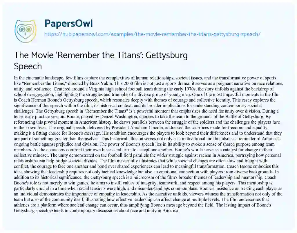 Essay on The Movie ‘Remember the Titans’: Gettysburg Speech