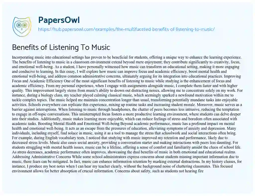 Essay on Benefits of Listening To Music