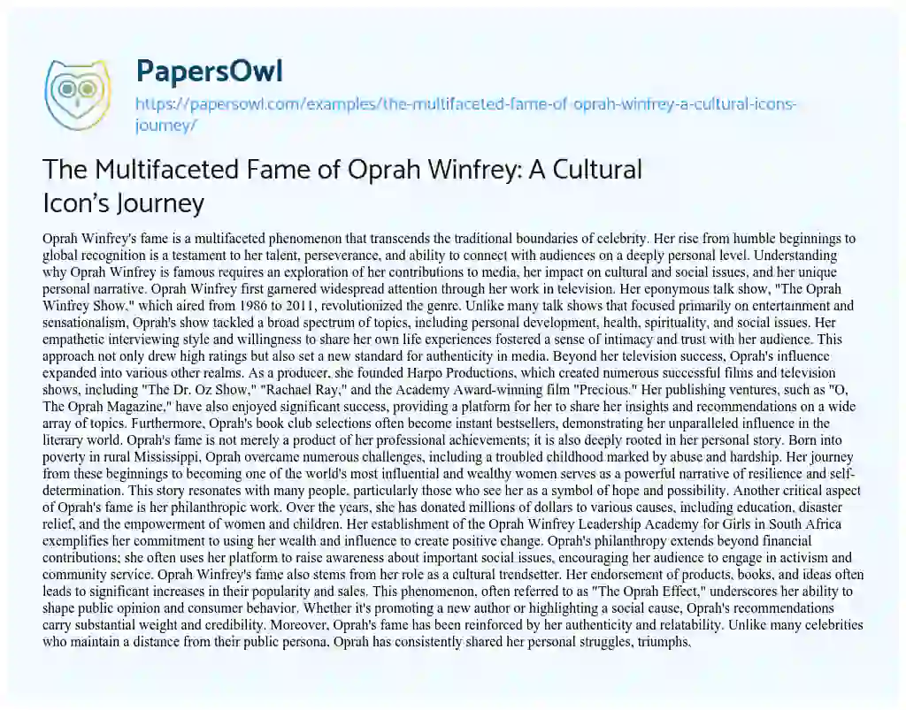 Essay on The Multifaceted Fame of Oprah Winfrey: A Cultural Icon’s Journey