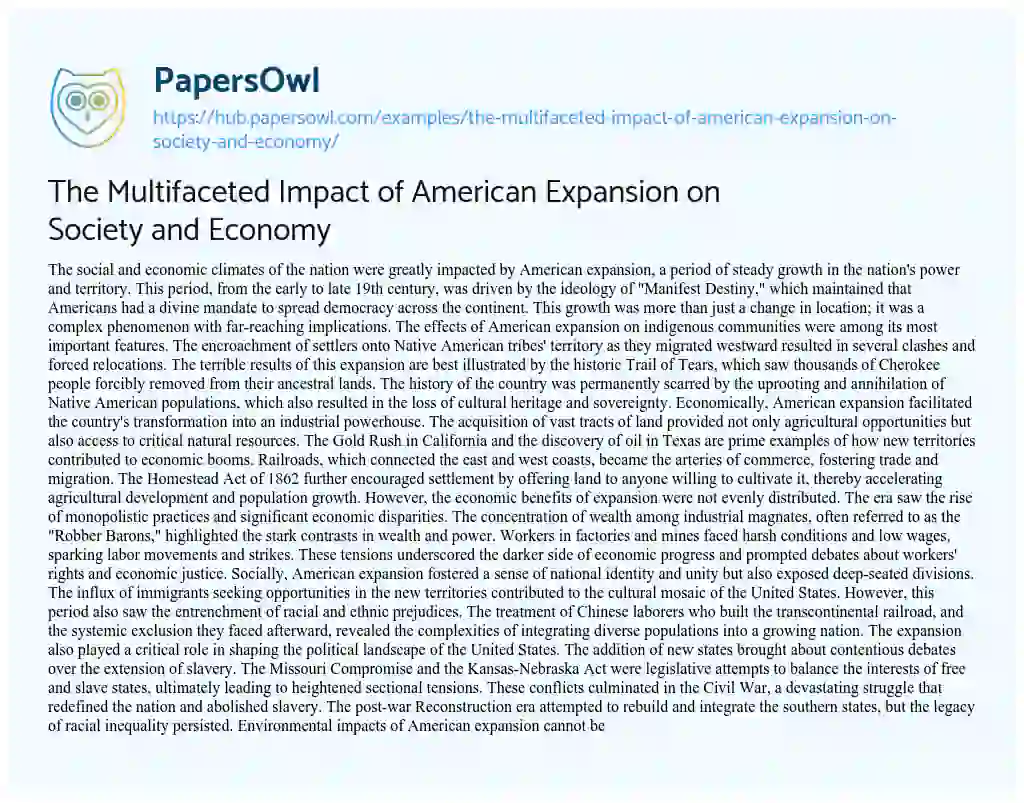 Essay on The Multifaceted Impact of American Expansion on Society and Economy