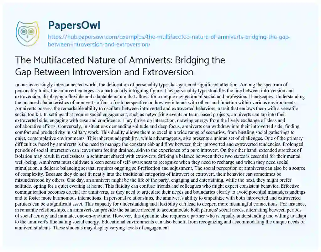 Essay on The Multifaceted Nature of Amniverts: Bridging the Gap Between Introversion and Extroversion