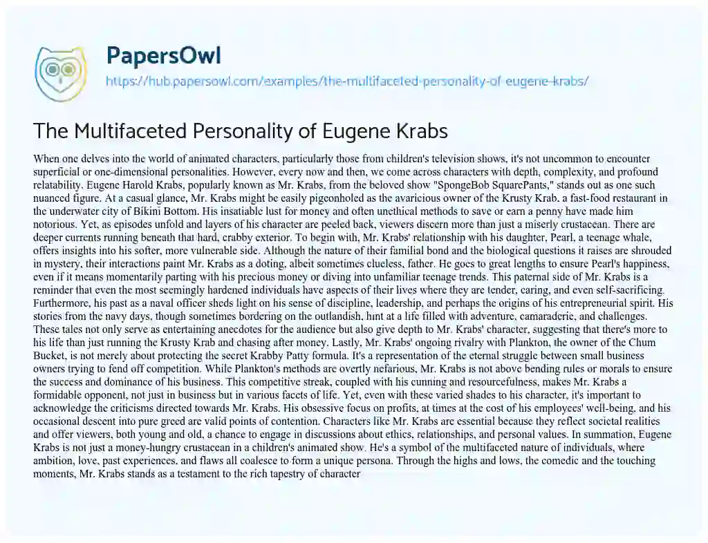 Essay on The Multifaceted Personality of Eugene Krabs