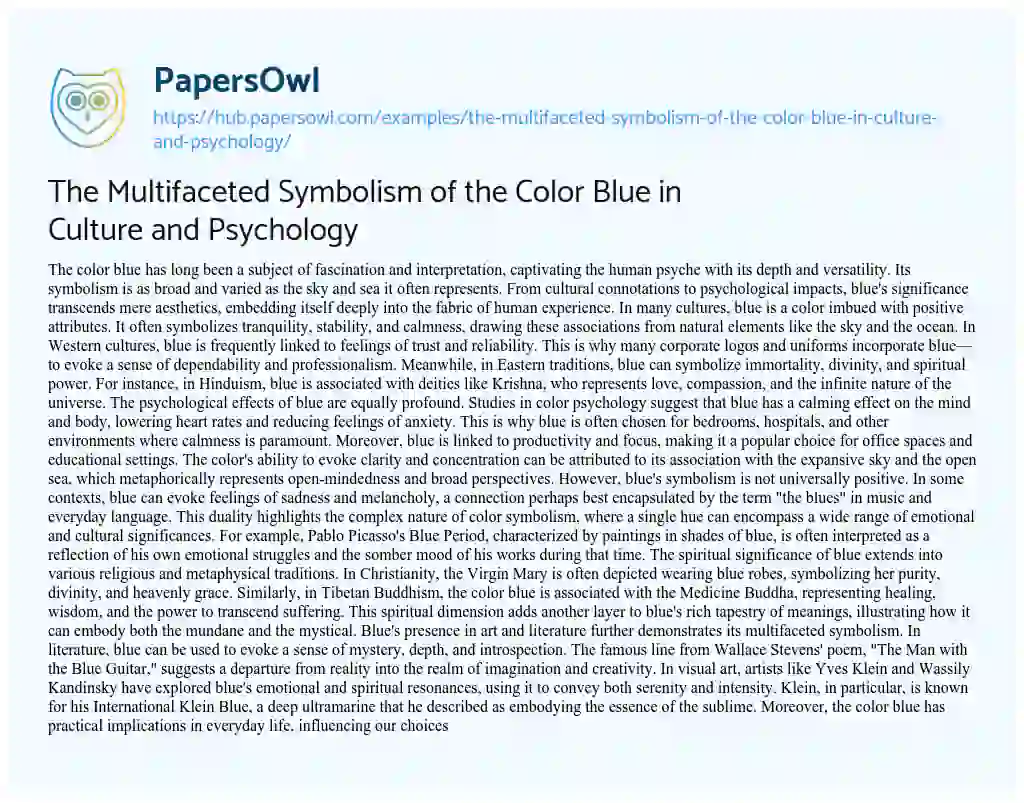 Essay on The Multifaceted Symbolism of the Color Blue in Culture and Psychology