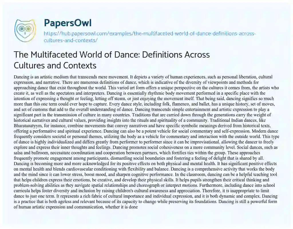 Essay on The Multifaceted World of Dance: Definitions Across Cultures and Contexts