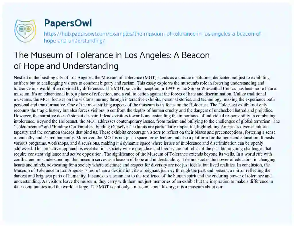 Essay on The Museum of Tolerance in Los Angeles: A Beacon of Hope and Understanding