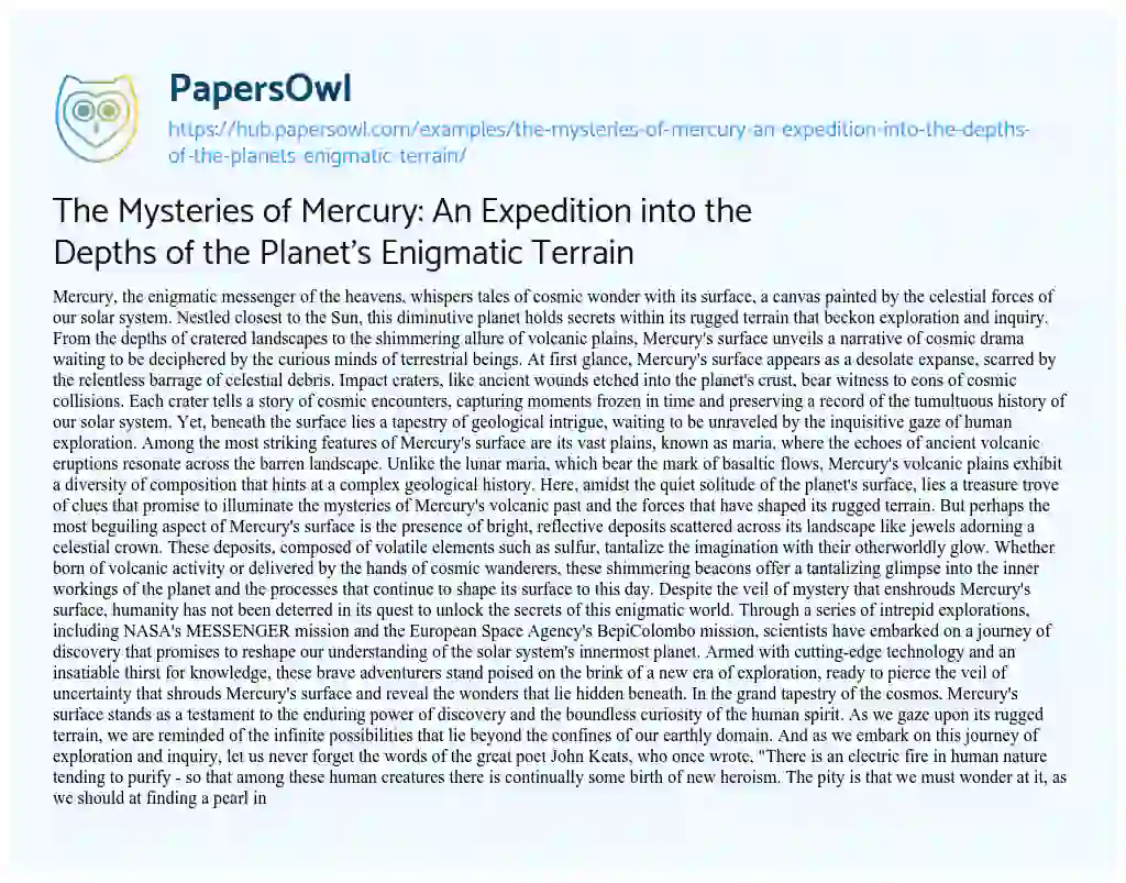 Essay on The Mysteries of Mercury: An Expedition into the Depths of the Planet’s Enigmatic Terrain