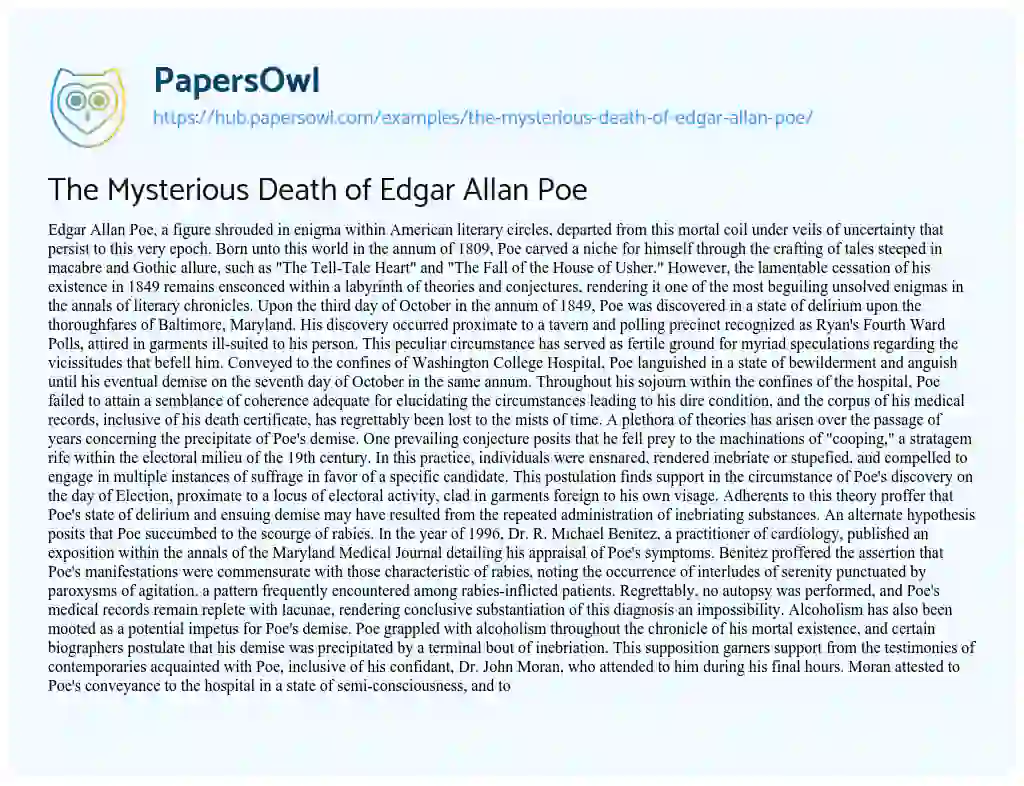 Essay on The Mysterious Death of Edgar Allan Poe