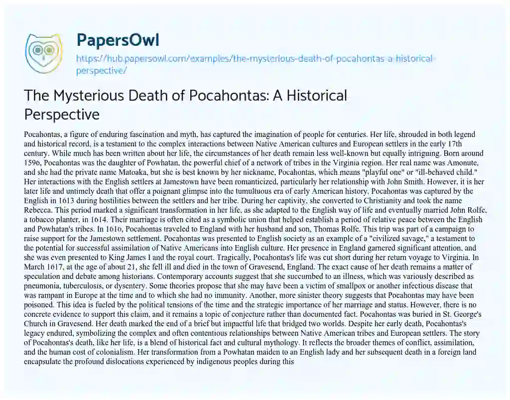 Essay on The Mysterious Death of Pocahontas: A Historical Perspective