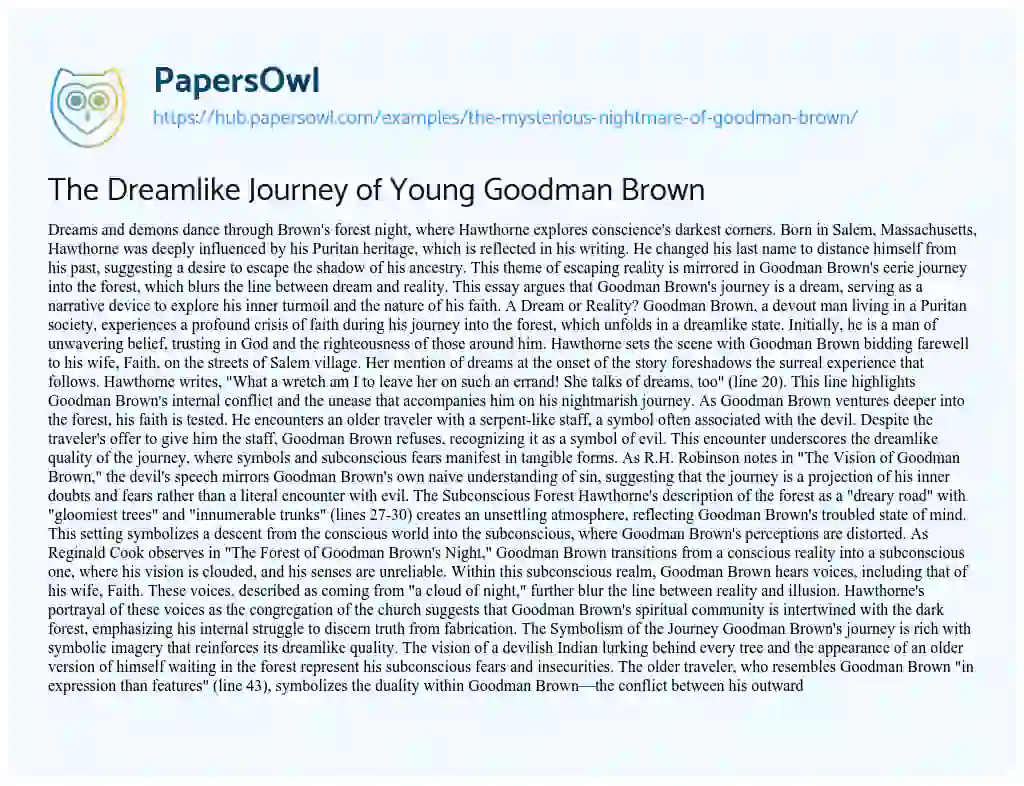 Essay on The Dreamlike Journey of Young Goodman Brown