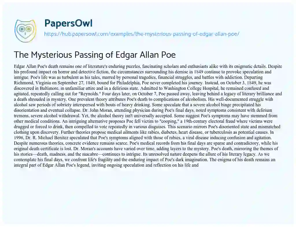 Essay on The Mysterious Passing of Edgar Allan Poe