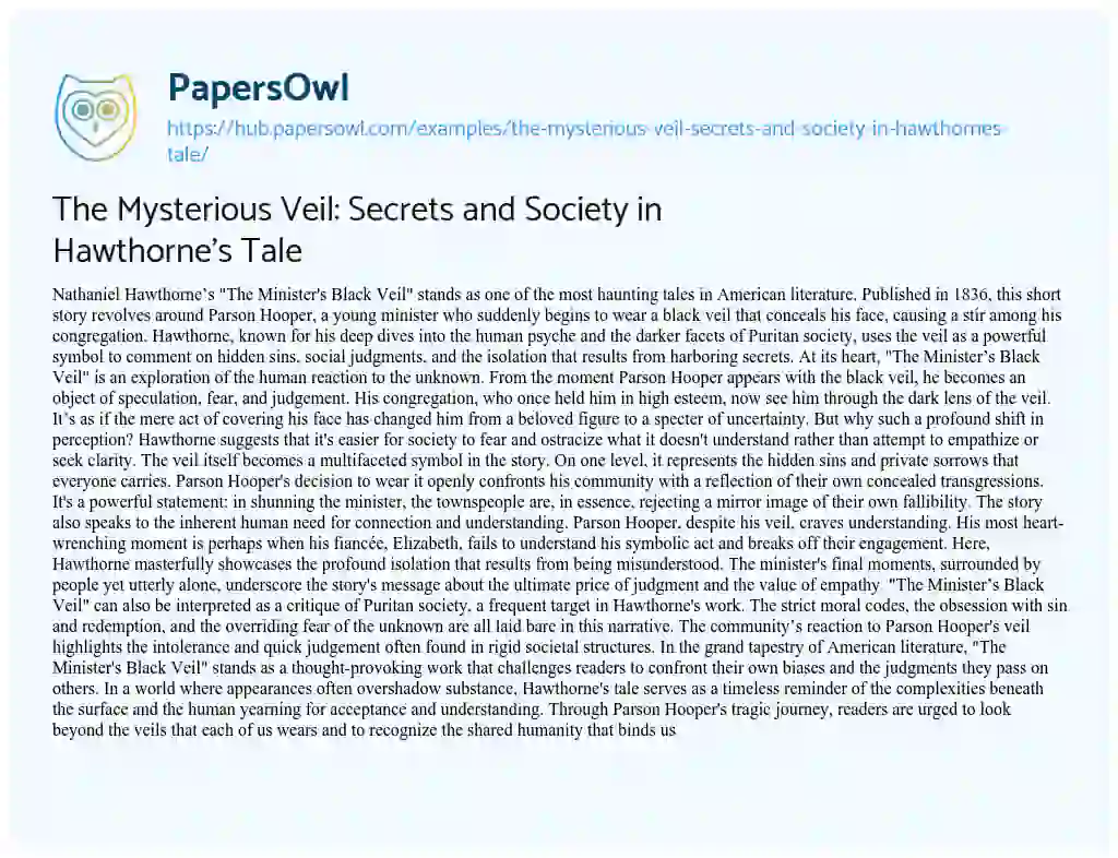 Essay on The Mysterious Veil: Secrets and Society in Hawthorne’s Tale