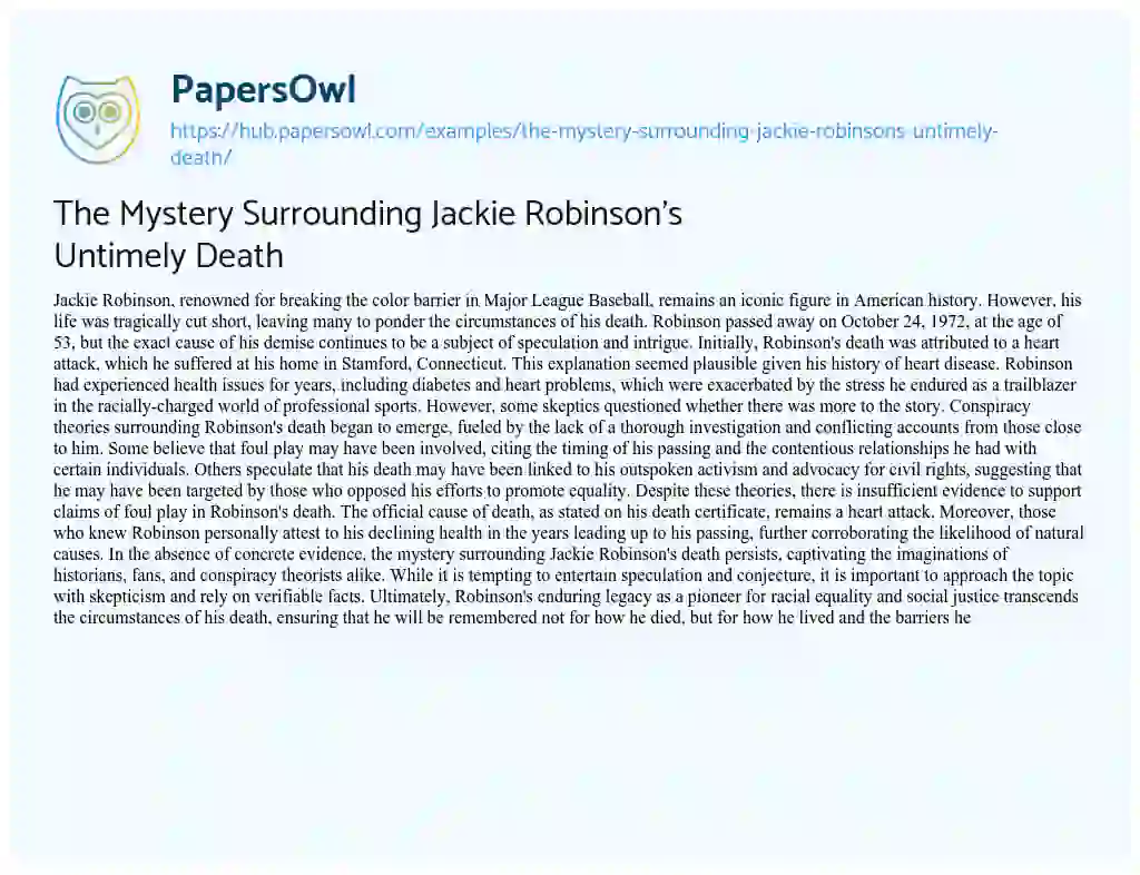 Essay on The Mystery Surrounding Jackie Robinson’s Untimely Death