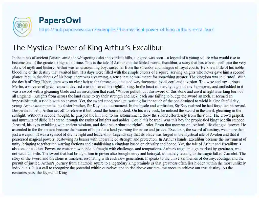 Essay on The Mystical Power of King Arthur’s Excalibur