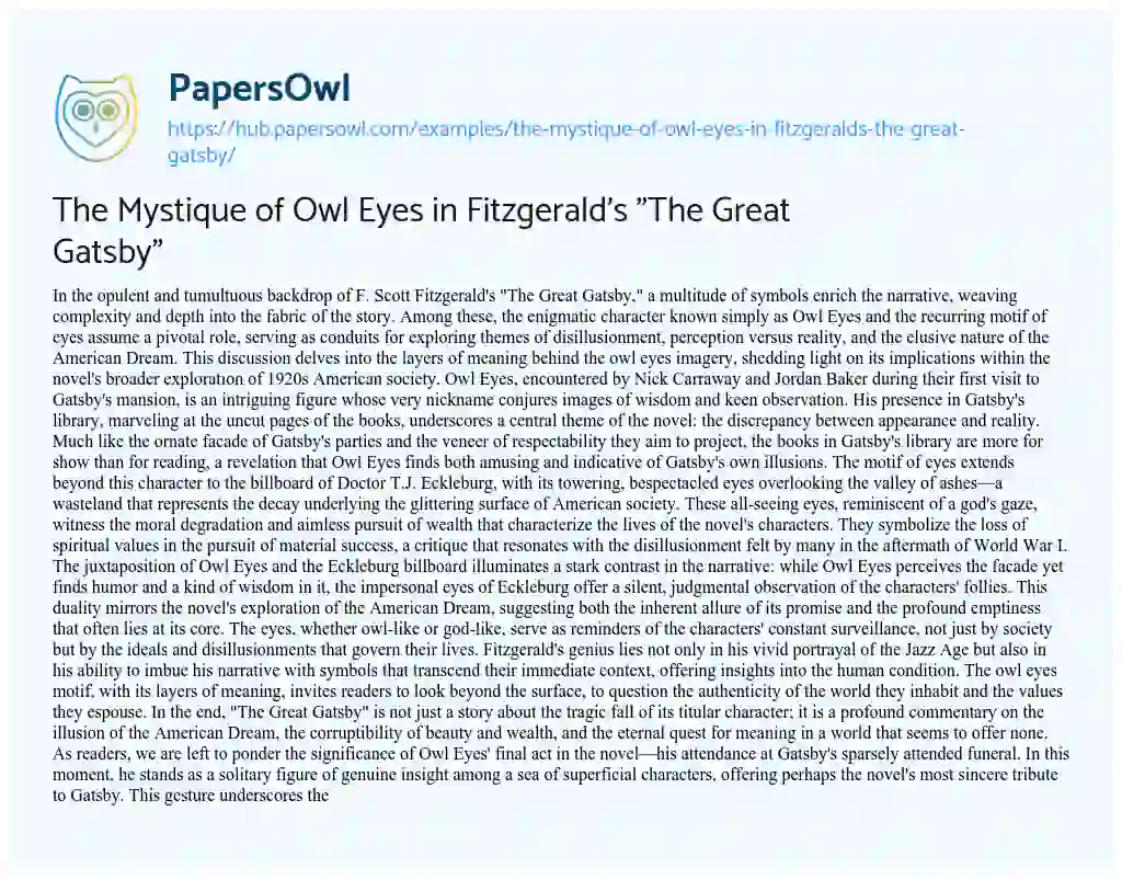 Essay on The Mystique of Owl Eyes in Fitzgerald’s “The Great Gatsby”