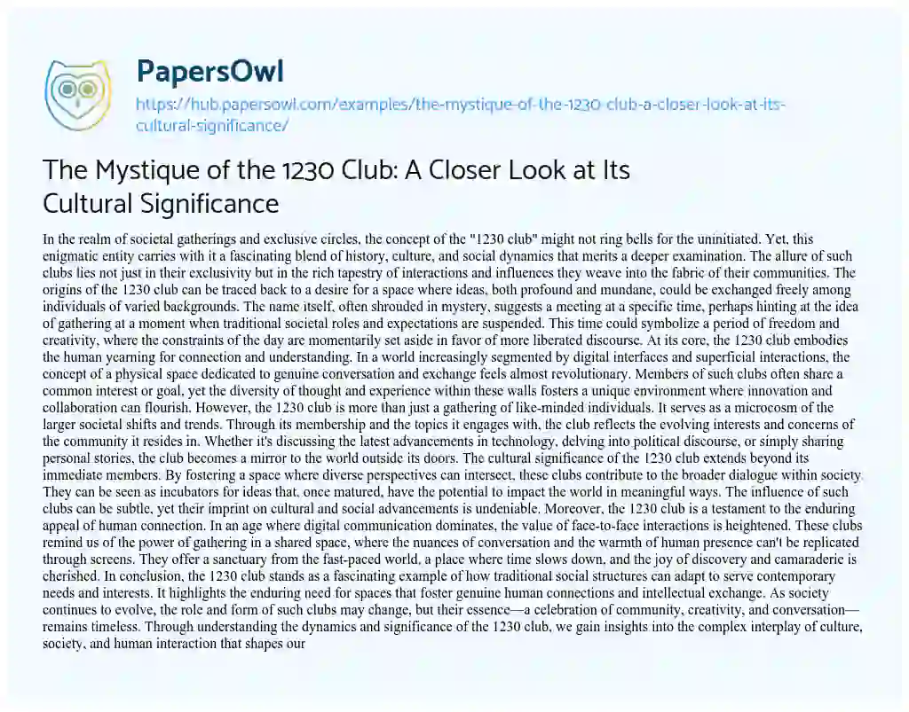 Essay on The Mystique of the 1230 Club: A Closer Look at Its Cultural Significance