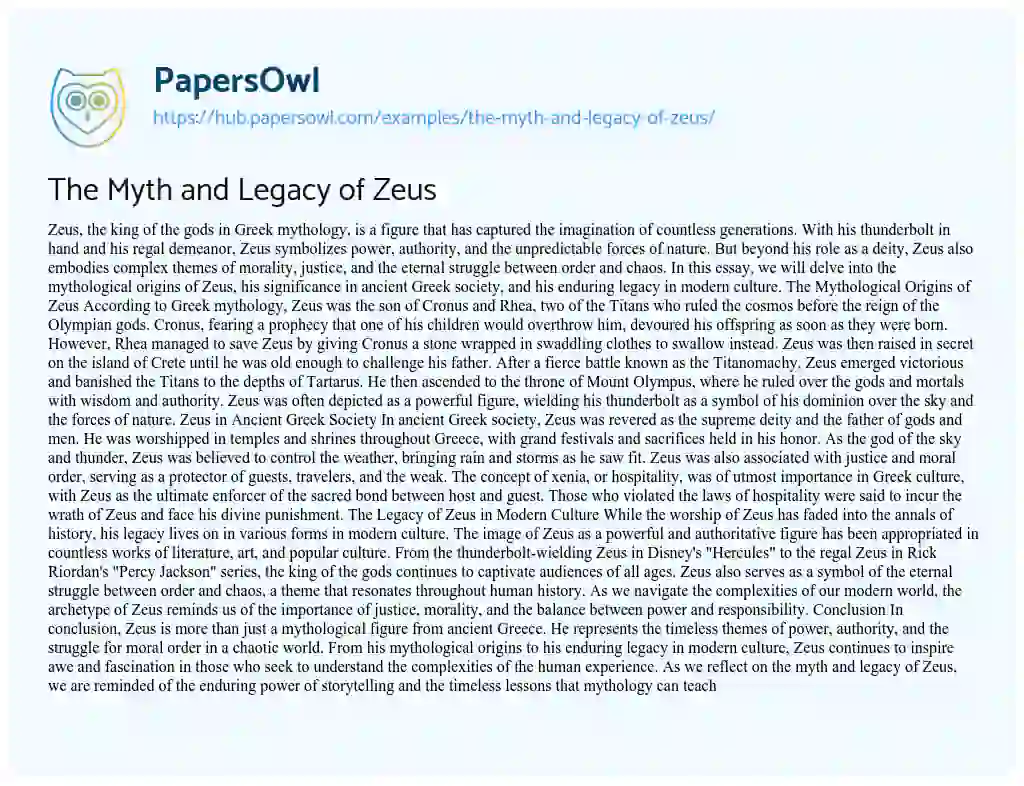 Essay on The Myth and Legacy of Zeus