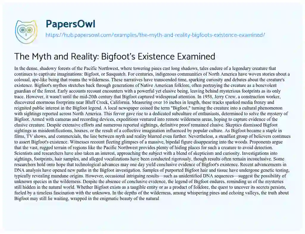 Essay on The Myth and Reality: Bigfoot’s Existence Examined