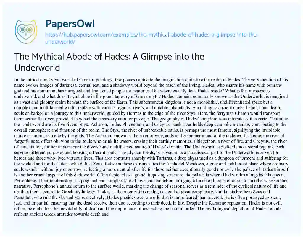 Essay on The Mythical Abode of Hades: A Glimpse into the Underworld