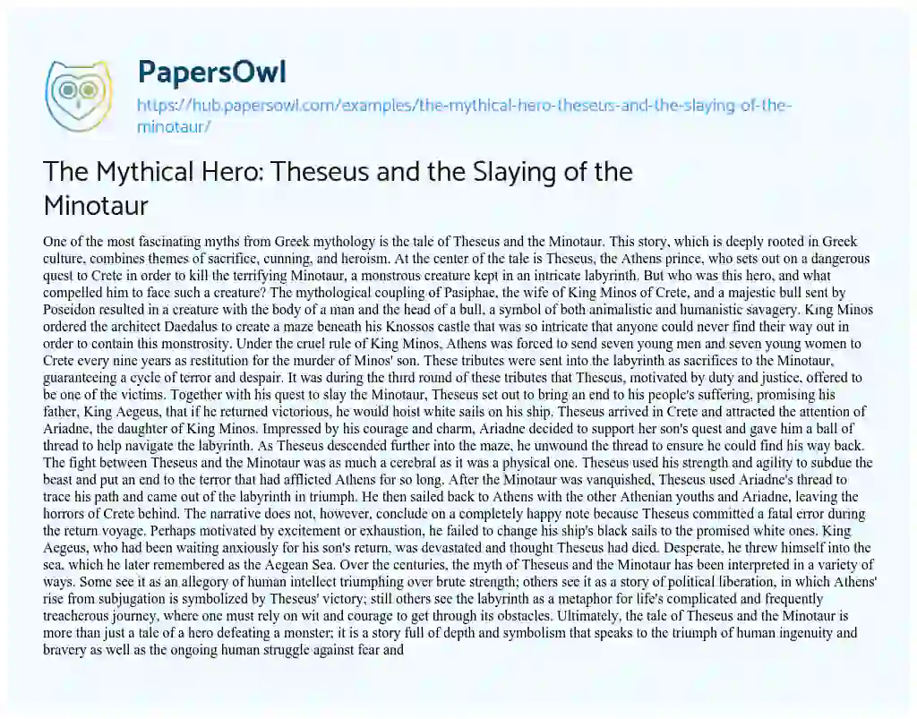 Essay on The Mythical Hero: Theseus and the Slaying of the Minotaur