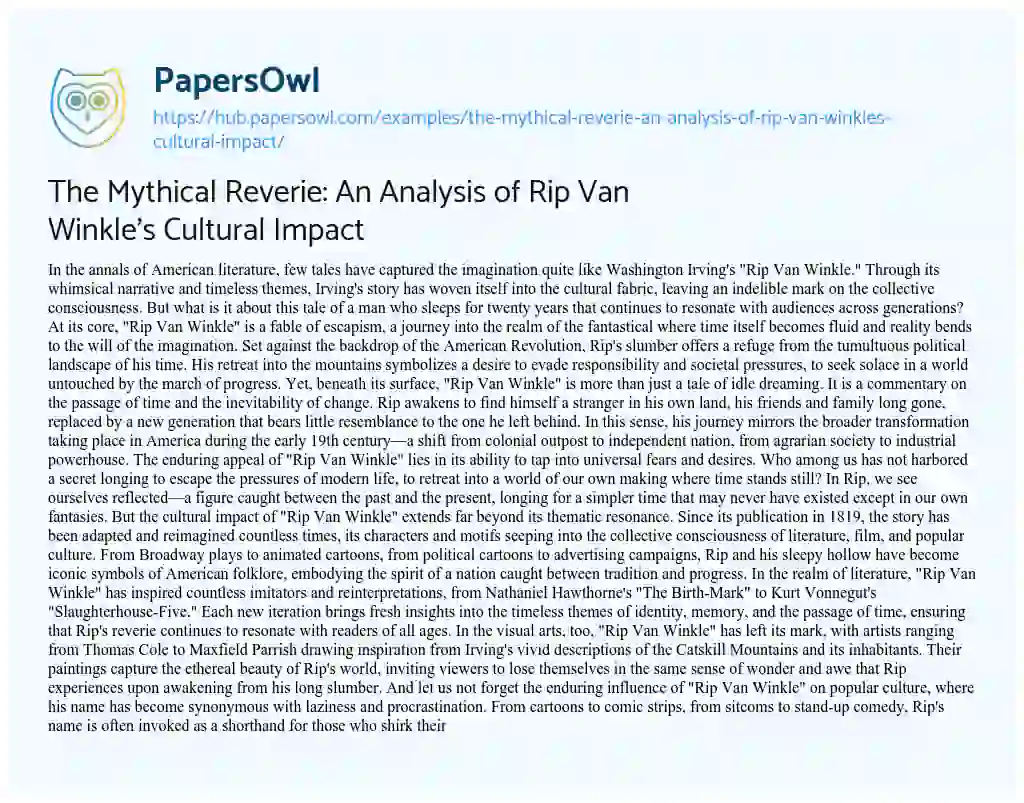 Essay on The Mythical Reverie: An Analysis of Rip Van Winkle’s Cultural Impact
