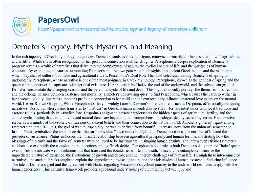 Essay on Demeter’s Legacy: Myths, Mysteries, and Meaning