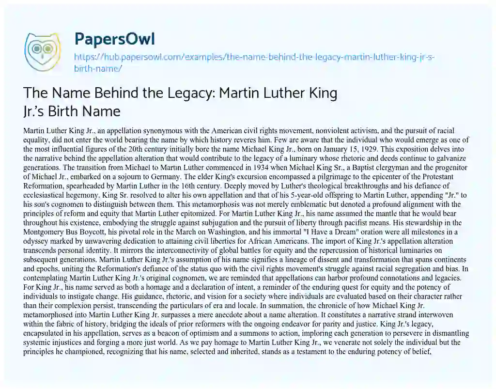 Essay on The Name Behind the Legacy: Martin Luther King Jr.’s Birth Name