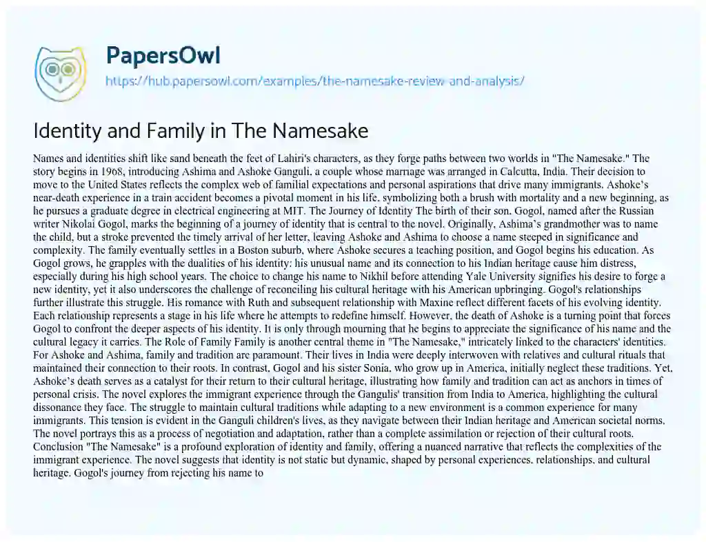 Essay on Identity and Family in The Namesake
