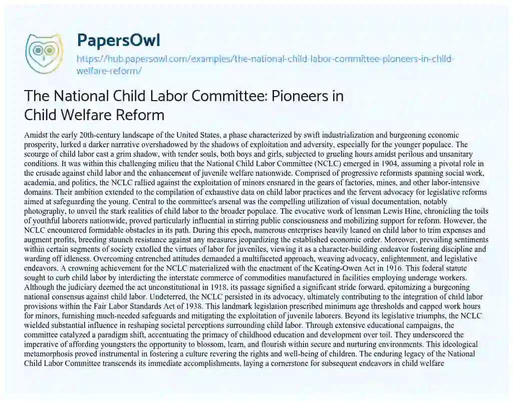 Essay on The National Child Labor Committee: Pioneers in Child Welfare Reform