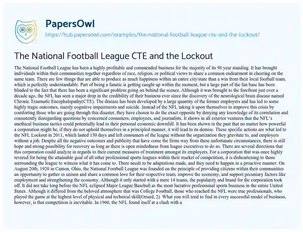 Essay on The National Football League CTE and the Lockout