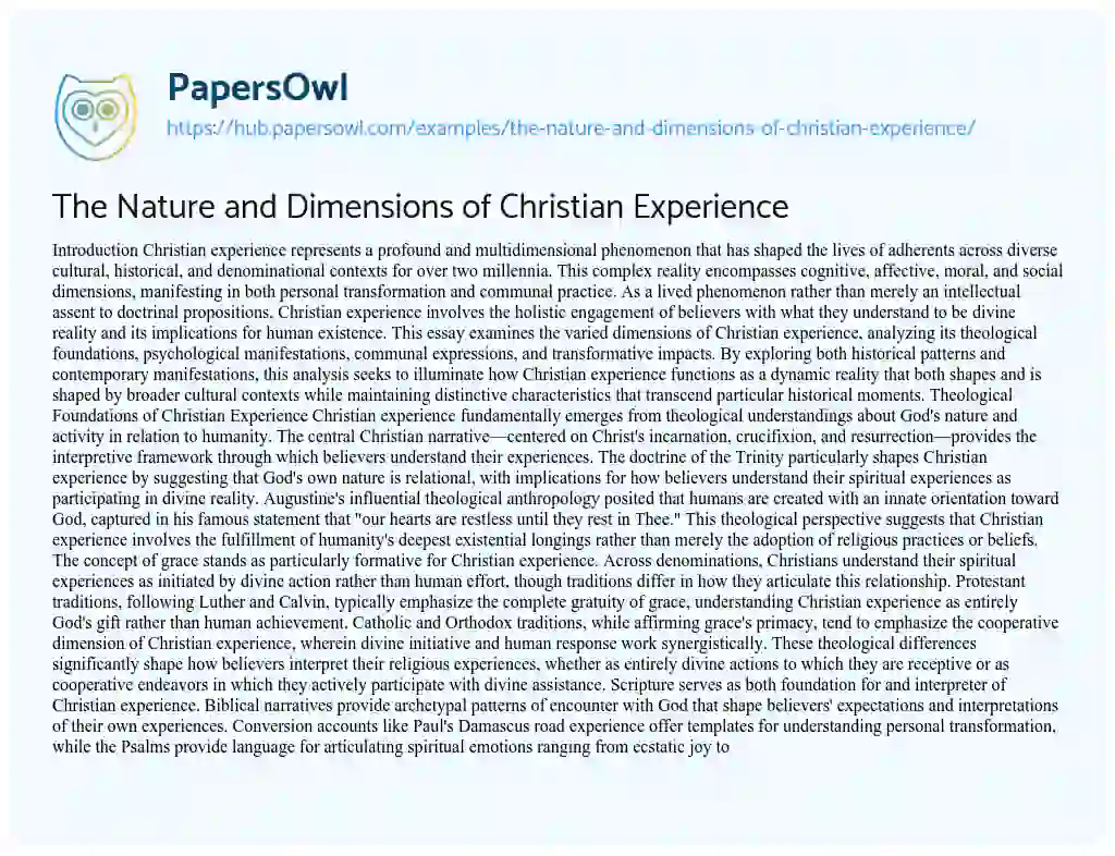 Essay on The Nature and Dimensions of Christian Experience