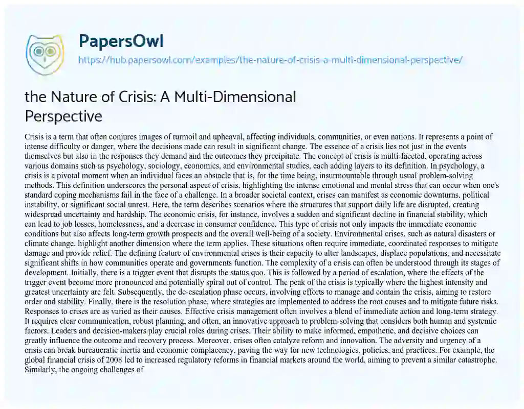 Essay on the Nature of Crisis: A Multi-Dimensional Perspective