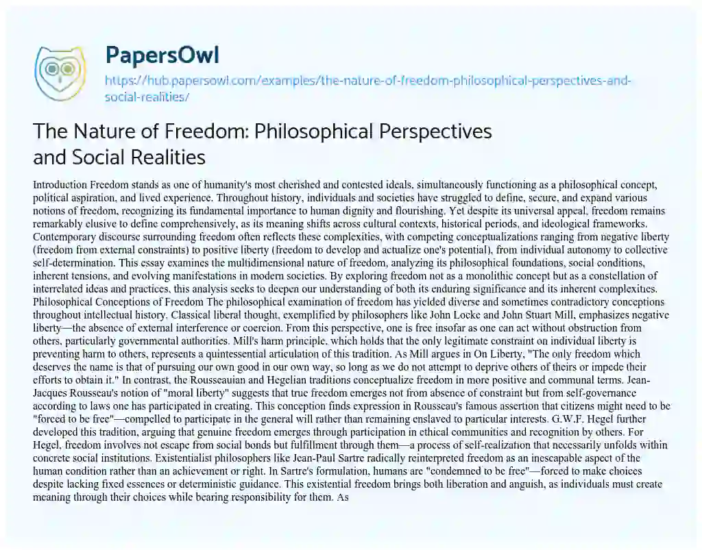 Essay on The Nature of Freedom: Philosophical Perspectives and Social Realities