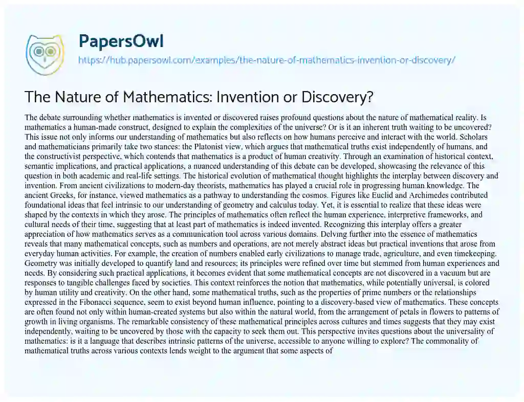 Essay on The Nature of Mathematics: Invention or Discovery?