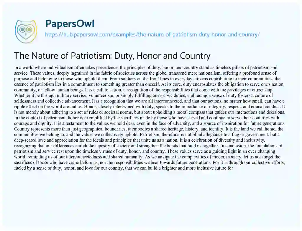 Essay on The Nature of Patriotism: Duty, Honor and Country