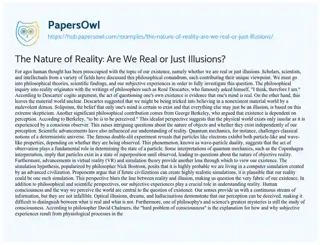 Essay on The Nature of Reality: Are We Real or Just Illusions?