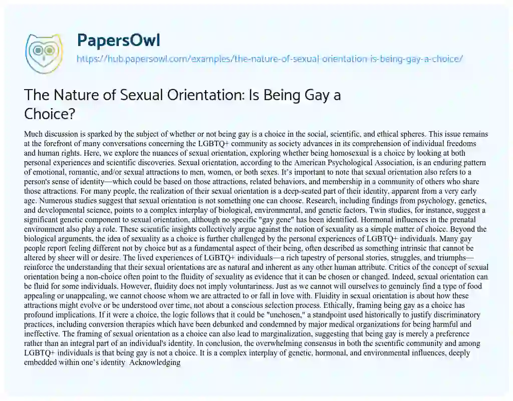 Essay on The Nature of Sexual Orientation: Is Being Gay a Choice?