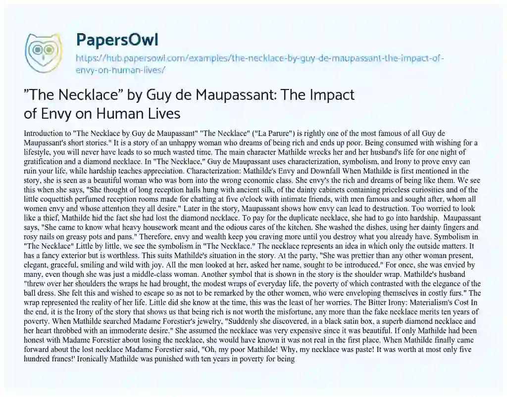 Essay on “The Necklace” by Guy de Maupassant: The Impact of Envy on Human Lives