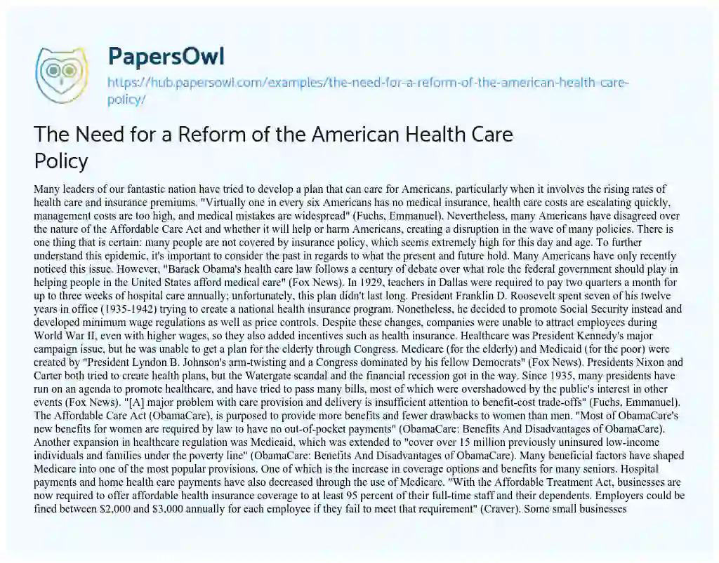 Essay on The Need for a Reform of the American Health Care Policy