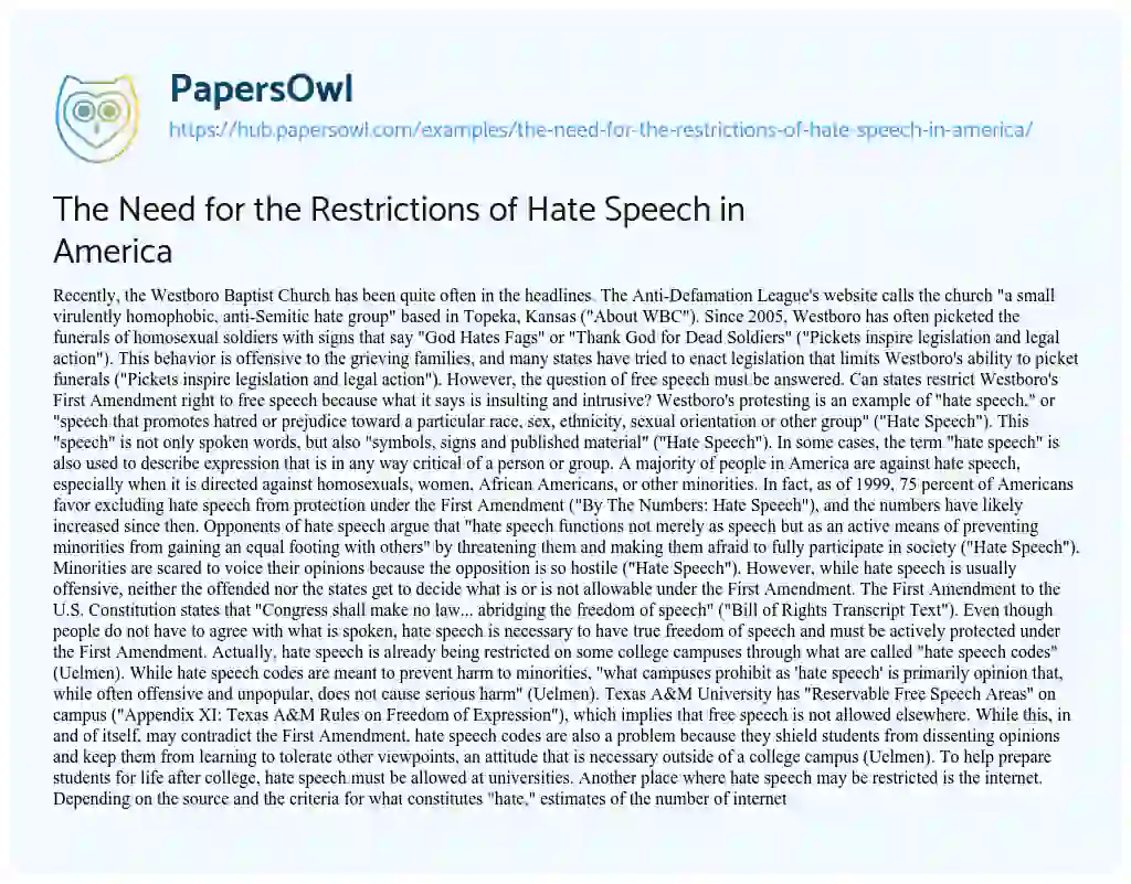Essay on The Need for the Restrictions of Hate Speech in America