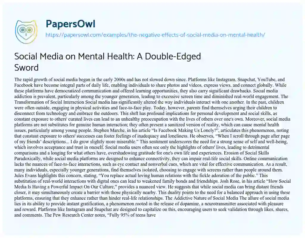 Essay on Social Media on Mental Health: A Double-Edged Sword