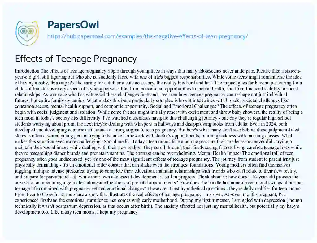 Essay on Effects of Teenage Pregnancy