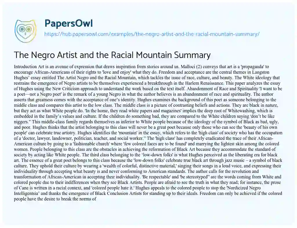 Essay on The Negro Artist and the Racial Mountain Summary