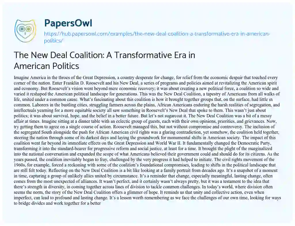 Essay on The New Deal Coalition: A Transformative Era in American Politics