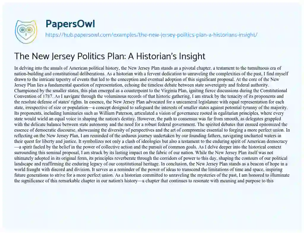 Essay on The New Jersey Politics Plan: A Historian’s Insight