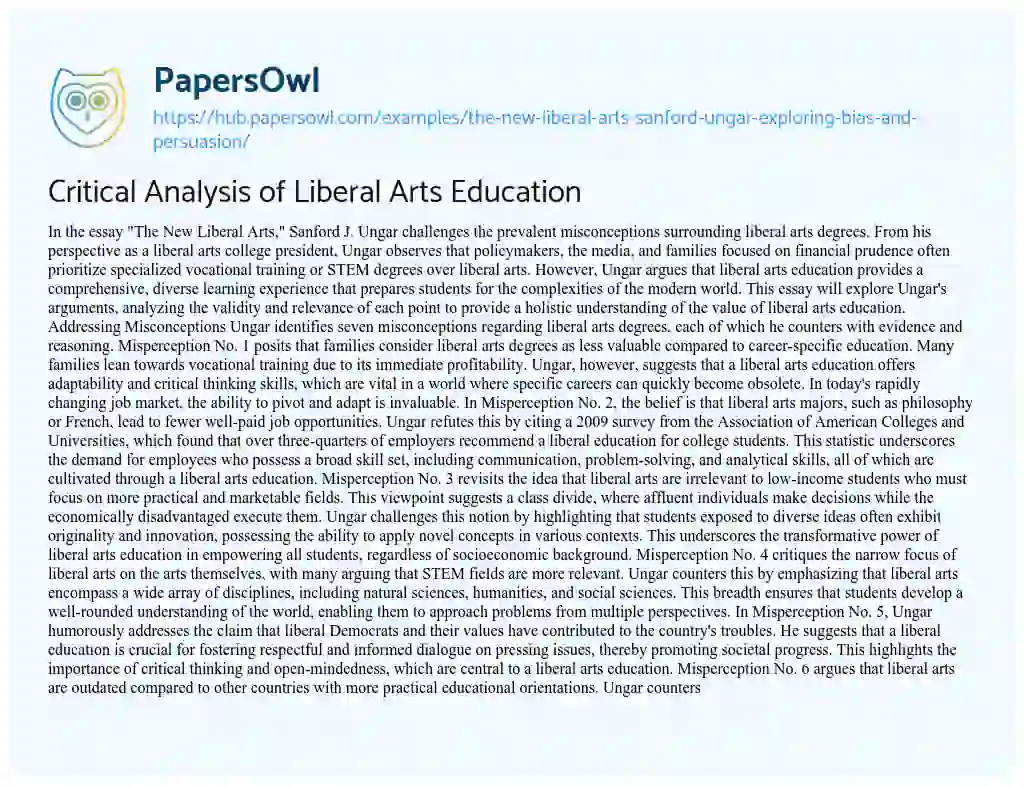 Essay on Critical Analysis of Liberal Arts Education
