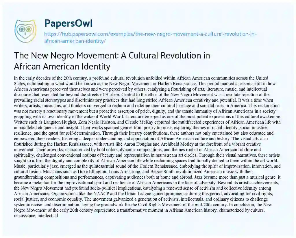 Essay on The New Negro Movement: A Cultural Revolution in African American Identity