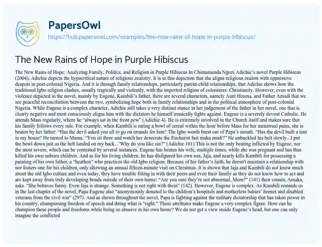 Essay on The New Rains of Hope in Purple Hibiscus